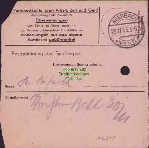 B16315  Gebühr bezahlt 1945 Postanweisung 41 Glauchau 2 28.11.45 nach Auerbach V