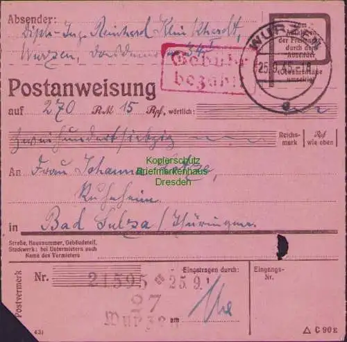 B16312  Gebühr bezahlt 1945 Postanweisung 27 Wurzen Nummerator 25.9.45 nach Bad