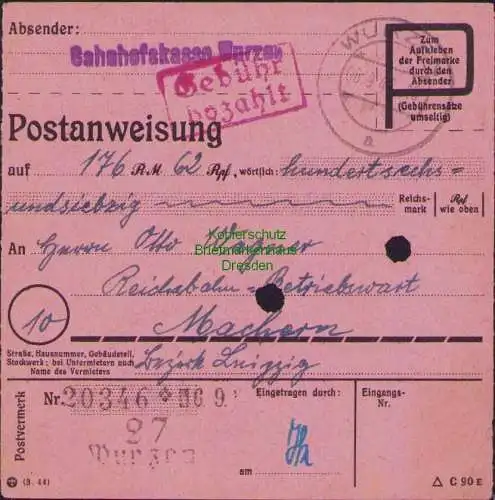 B16310  Gebühr bezahlt 1945 Postanweisung 27 Wurzen Nummerator 6.9.45 nach Mache