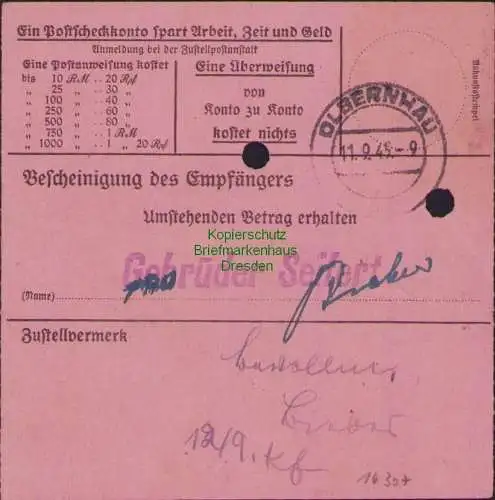 B16307  Gebühr bezahlt 1945 Postanweisung 27 Wurzen Nummerator 6.9.45 nach Olber