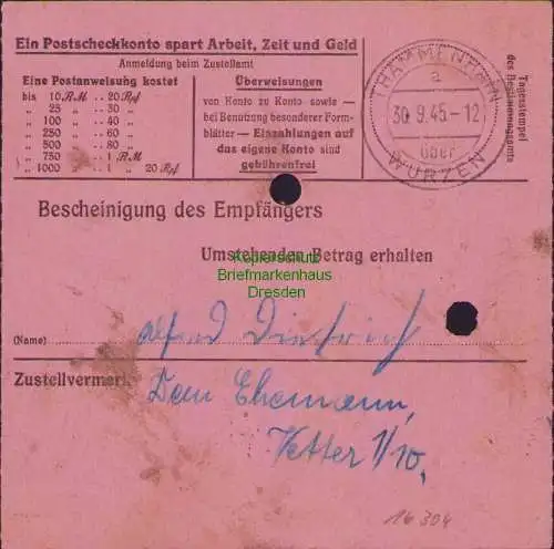 B16304  Gebühr bezahlt 1945 Postanweisung 27 Wurzen Nummerator 28.9.45 nach Tham