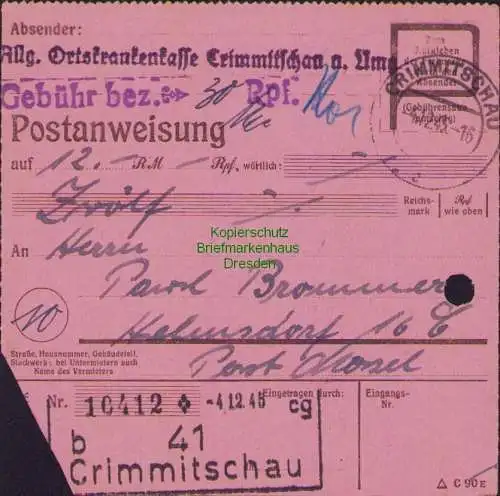 B16289 Gebühr bezahlt 1945 Postanweisung 41 Crimmitschau b Nummerator 4.12.45 na