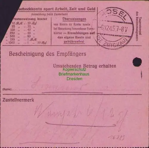 B16289 Gebühr bezahlt 1945 Postanweisung 41 Crimmitschau b Nummerator 4.12.45 na