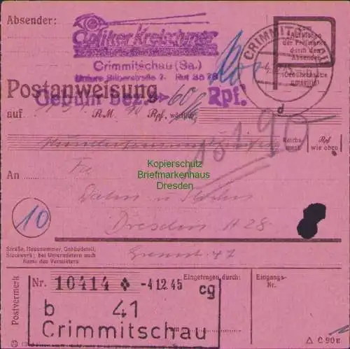 B16288 Gebühr bezahlt 1945 Postanweisung 41 Crimmitschau b Nummerator 4.12.45 na