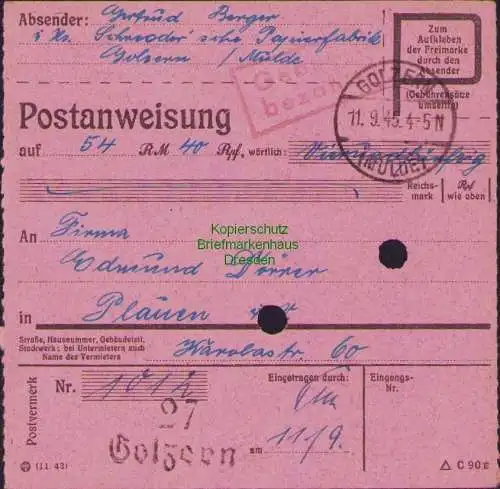 B16287 Gebühr bezahlt 1945 Postanweisung 27 Golzern Mulde 11.9.45 nach Plauen Vo