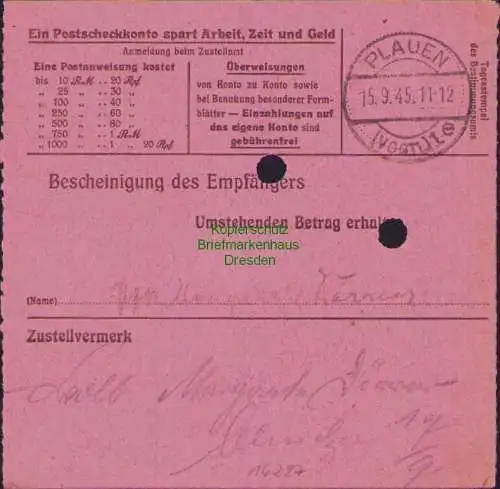 B16287 Gebühr bezahlt 1945 Postanweisung 27 Golzern Mulde 11.9.45 nach Plauen Vo