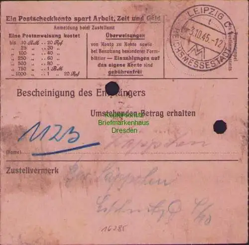 B16285 Gebühr bezahlt 1945 Postanweisung 27 Golzern Mulde 28.9.45 nach Leipzig