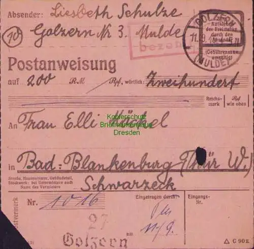 B16284 Gebühr bezahlt 1945 Postanweisung 27 Golzern Mulde 11.9.45 nach Bad Blank