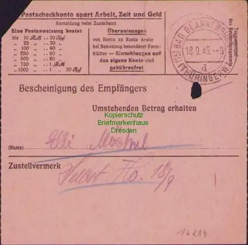 B16284 Gebühr bezahlt 1945 Postanweisung 27 Golzern Mulde 11.9.45 nach Bad Blank