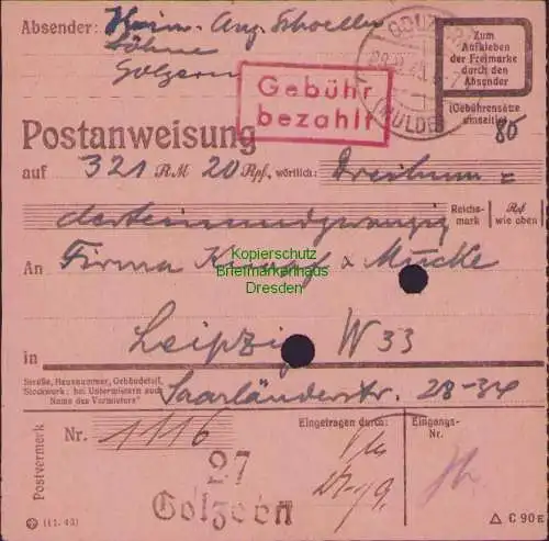 B16282 Gebühr bezahlt 1945 Postanweisung 27 Golzern Mulde 28.9.45 nach Leipzig