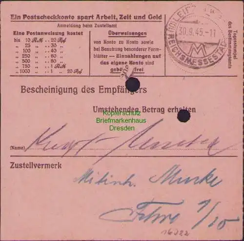 B16282 Gebühr bezahlt 1945 Postanweisung 27 Golzern Mulde 28.9.45 nach Leipzig