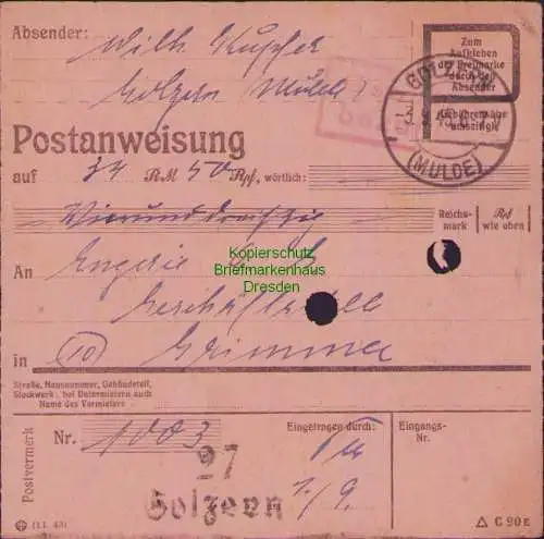 B16279 Gebühr bezahlt 1945 Postanweisung 27 Golzern Mulde 3.9.45 nach Grimma Lan