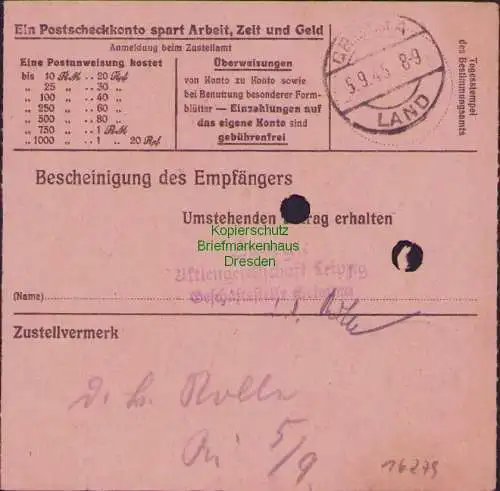 B16279 Gebühr bezahlt 1945 Postanweisung 27 Golzern Mulde 3.9.45 nach Grimma Lan