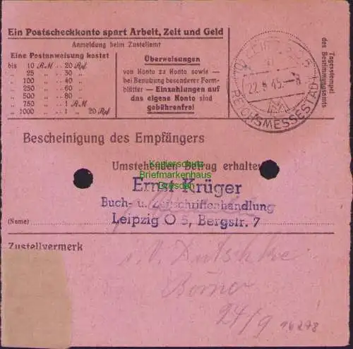 B16278 Gebühr bezahlt 1945 Postanweisung 27 Golzern Mulde 18.9.45 nach Leipzig