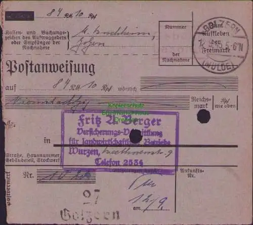 B16277 Gebühr bezahlt 1945 Postanweisung 27 Golzern Mulde 12.9.45 nach Wurzen