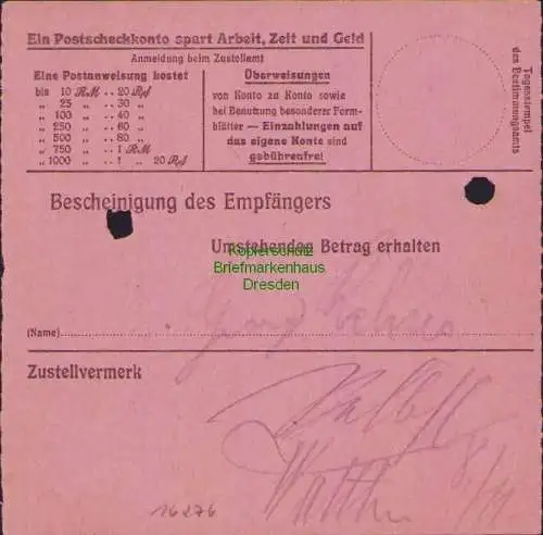 B16276 Gebühr bezahlt 1945 Postanweisung 27 Altenburg Nummerator 5.11.45 nach Le