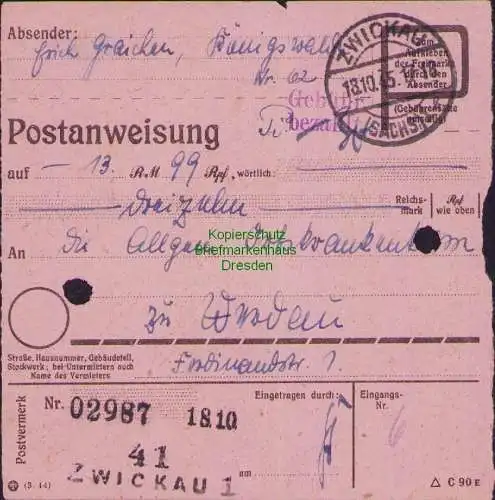B16271 Gebühr bezahlt 1945 Postanweisung 41 Zwickau 1 Nummerator 18.10.45 nach W