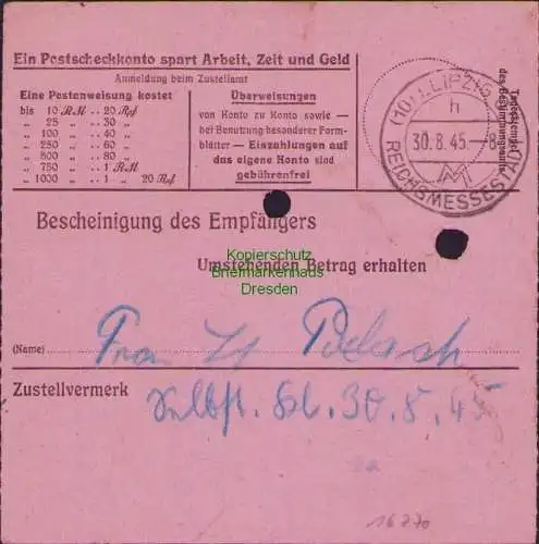 B16270 Gebühr bezahlt 1945 Postanweisung 41 Zwickau 1 25.8.45 nach Leipzig