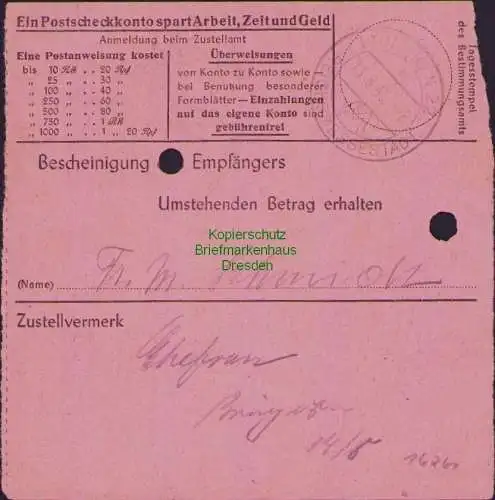 B16261 Gebühr bezahlt 1945 Postanweisung 27 Leipzig 4a Nummerator 9.8.45 innerha