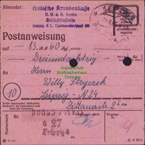 B16260 Gebühr bezahlt 1945 Postanweisung 27 Leipzig 4a Nummerator 14.8.45 innerh