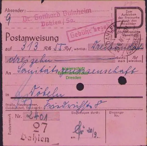 B16252 Gebühr bezahlt 1945 Postanweisung 27 Dahlen 20.9.45 nach Döbeln