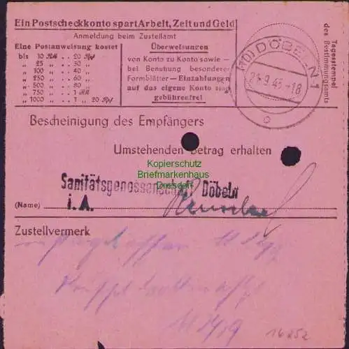 B16252 Gebühr bezahlt 1945 Postanweisung 27 Dahlen 20.9.45 nach Döbeln