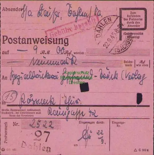 B16248 Gebühr bezahlt 1945 Postanweisung 27 Dahlen 22.9.45 nach Pößneck