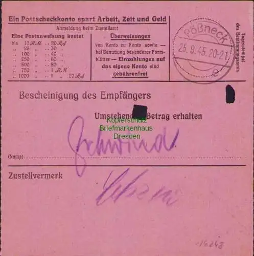 B16248 Gebühr bezahlt 1945 Postanweisung 27 Dahlen 22.9.45 nach Pößneck