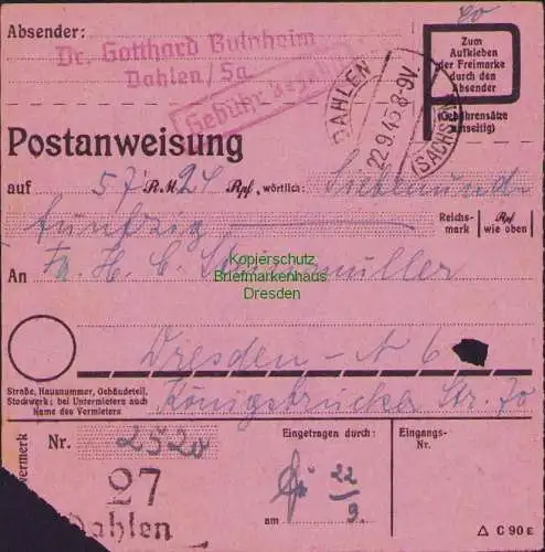 B16247 Gebühr bezahlt 1945 Postanweisung 27 Dahlen 22.9.45 nach Dresden