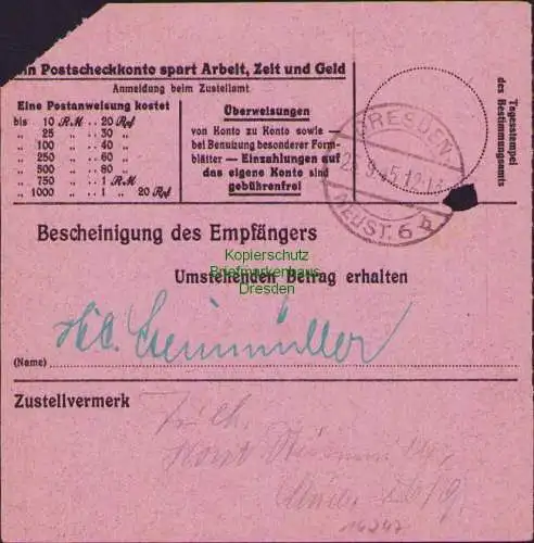 B16247 Gebühr bezahlt 1945 Postanweisung 27 Dahlen 22.9.45 nach Dresden