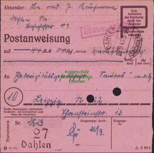 B16245 Gebühr bezahlt 1945 Postanweisung 27 Dahlen 22.9.45 nach Leipzig