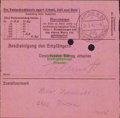 B16245 Gebühr bezahlt 1945 Postanweisung 27 Dahlen 22.9.45 nach Leipzig