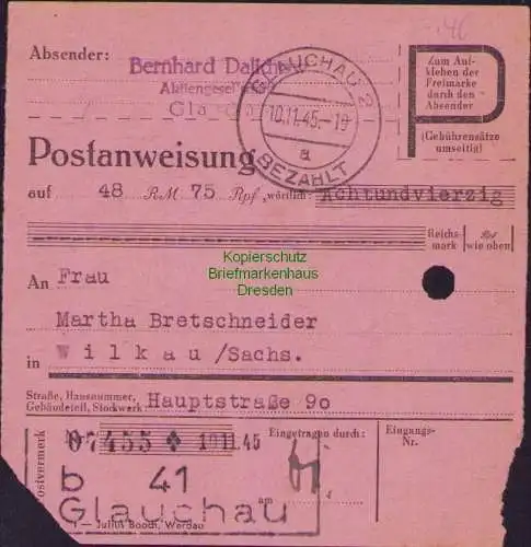 B16239 Gebühr bezahlt 1945 Postanweisung 41 Glauchau 2 Nummerator 10.11.45 nach