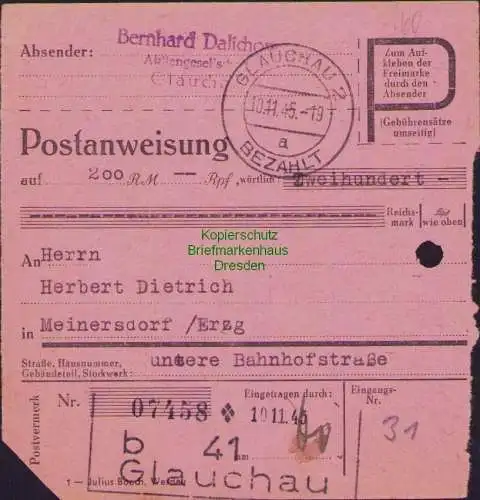 B16238 Gebühr bezahlt 1945 Postanweisung 41 Glauchau 2 Nummerator 10.11.45 nach