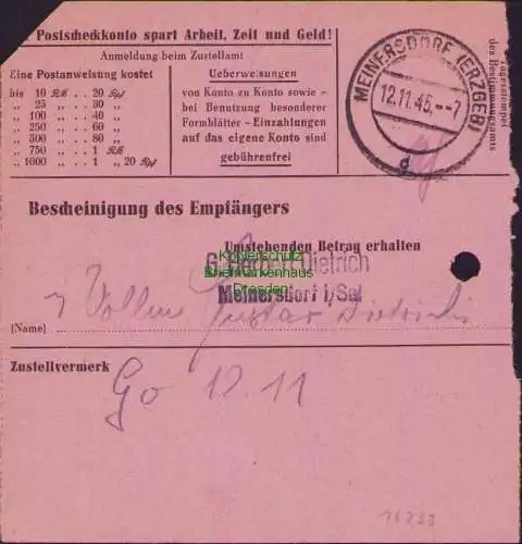 B16238 Gebühr bezahlt 1945 Postanweisung 41 Glauchau 2 Nummerator 10.11.45 nach