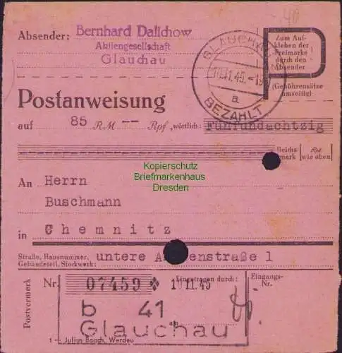 B16237 Gebühr bezahlt 1945 Postanweisung 41 Glauchau 2 Nummerator 10.11.45 nach