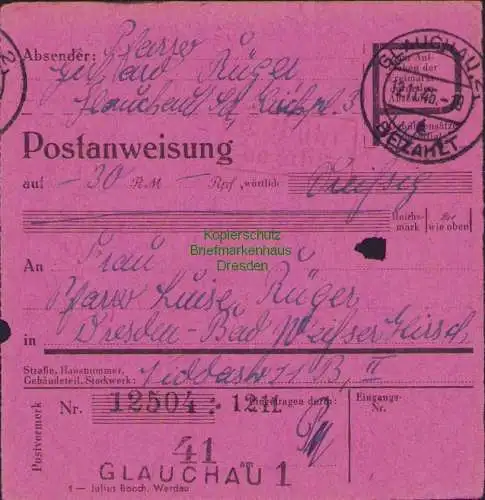 B16233 Gebühr bezahlt 1945 Postanweisung 41 Glauchau Nummerator 12.11.45 nach Dr