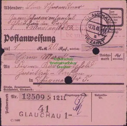 B16232 Gebühr bezahlt 1945 Postanweisung 41 Glauchau Nummerator 12.11.45 nach Zw