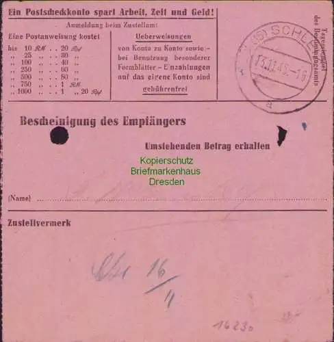 B16230 Gebühr bezahlt 1945 Postanweisung 41 Glauchau Nummerator 10.11.45 nach Sc