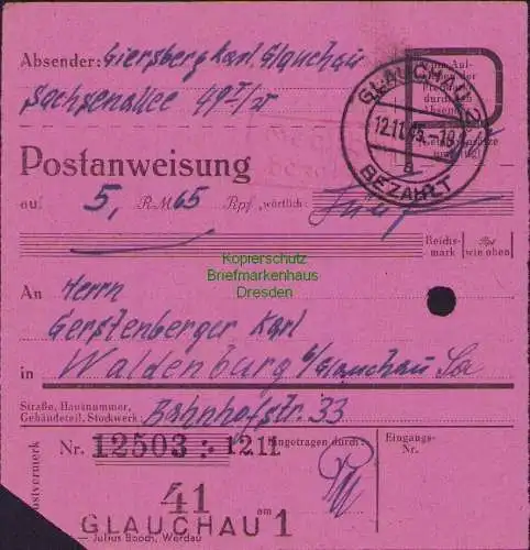 B16226 Gebühr bezahlt 1945 Postanweisung 41 Glauchau Nummerator 10.11.45 nach Wa