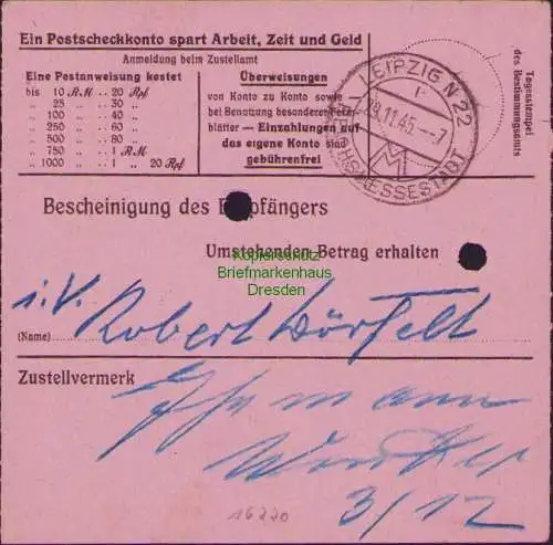 B16220 Gebühr bezahlt 1945 Postanweisung 41 Lengenfeld Nummerator 28.11.45 nach