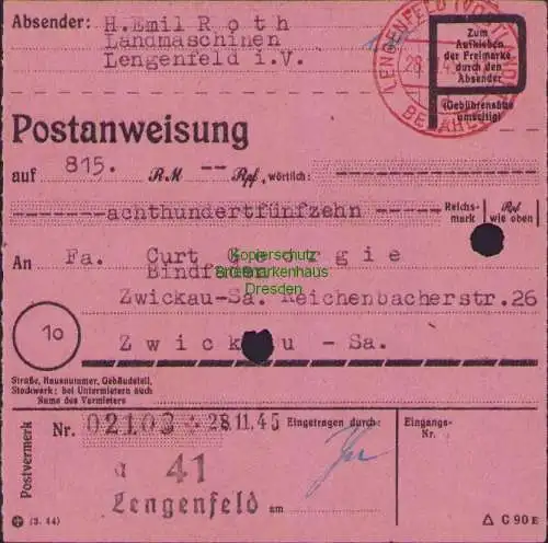 B16219 Gebühr bezahlt 1945 Postanweisung 41 Lengenfeld Nummerator 28.11.45 nach