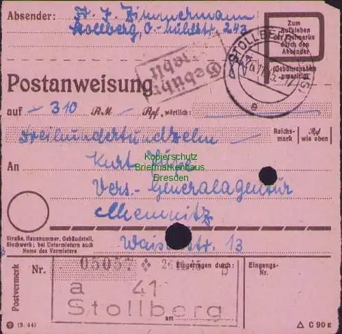 B16218 Gebühr bezahlt 1945 Postanweisung 41 Stollberg Nummerator 26.11.45 nach C