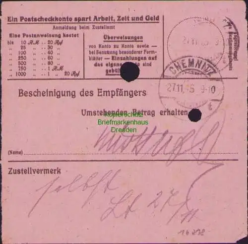 B16218 Gebühr bezahlt 1945 Postanweisung 41 Stollberg Nummerator 26.11.45 nach C