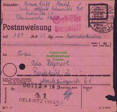 B16217 Gebühr bezahlt 1945 Postanweisung 41 Oelsnitz Vogtl. Nummerator 15.9.45 n