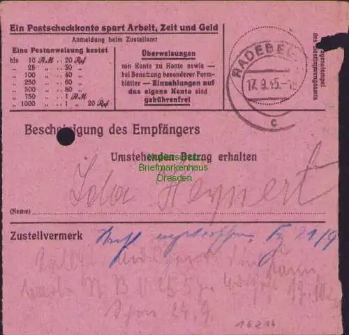 B16217 Gebühr bezahlt 1945 Postanweisung 41 Oelsnitz Vogtl. Nummerator 15.9.45 n