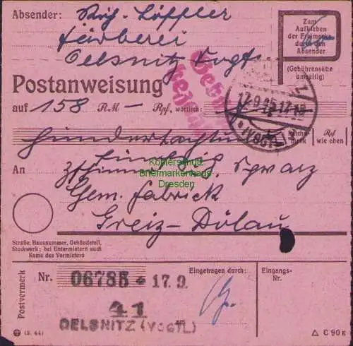 B16213 Gebühr bezahlt 1945 Postanweisung 41 Oelsnitz Vogtl. Nummerator 17.9.45 n