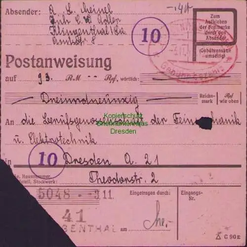 B16204 Gebühr bezahlt 1945 Postanweisung 41 Klingenthal Nummerator 3.11.45 nach