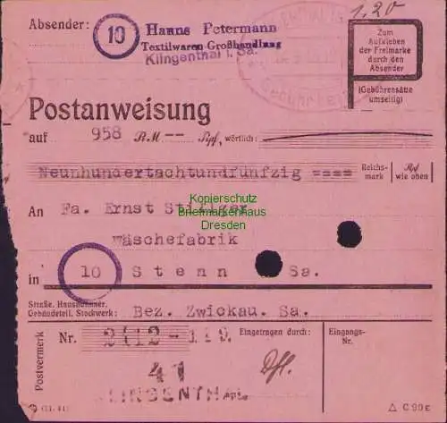 B16202 Gebühr bezahlt 1945 Postanweisung 41 Klingenthal Nummerator 14.9.45 nach