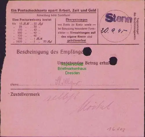 B16202 Gebühr bezahlt 1945 Postanweisung 41 Klingenthal Nummerator 14.9.45 nach